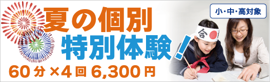 夏期個別体験 4回6,300円 プロ講師による完全1対1の「教え込み型」個別指導 初めての方は4回6300円で体験 定期試験対策も受付中!